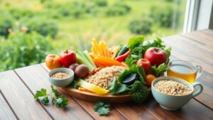 Colorful healthy foods on a rustic wooden table.