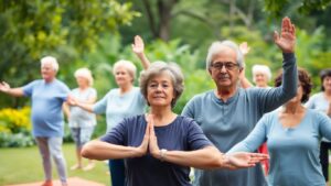 Older adults practicing yoga in a peaceful outdoor setting.