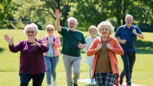 Seniors exercising outdoors with yoga, tai chi, and walking.