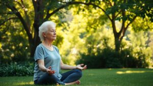 Elderly person meditating in a tranquil garden setting.