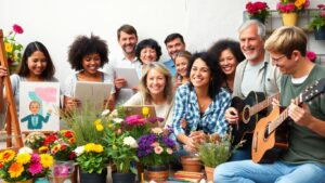 Group of people enjoying diverse hobbies together outdoors.