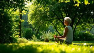 Person meditating in a peaceful nature setting.