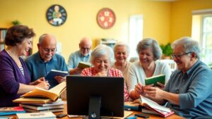 Older adults participating in various learning activities together.