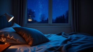 Cozy bedroom with soft bed and peaceful night sky.