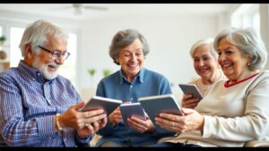 Elderly people using technology in a bright setting.