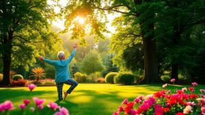 Elderly person practicing yoga in a tranquil park.