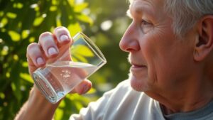 Elderly person drinking water in a sunny garden.